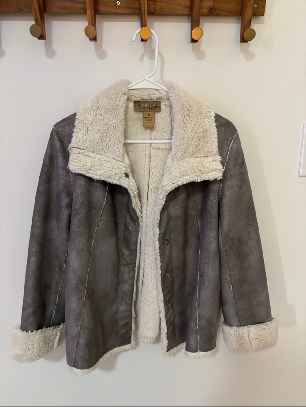 Eddie Bauer Gray Faux-Suede Teddy Jacket with Cream Shearling